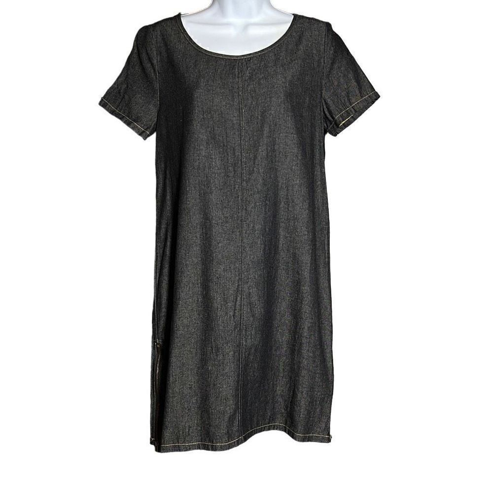 Women's Short Sleeve Zippered Side Slit Denim Blue Dress Size L
